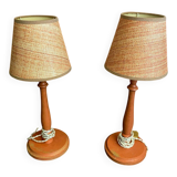 Pair of antique turned wood bedside lamps with push button switch
