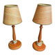 Pair of antique turned wood bedside lamps with push button switch