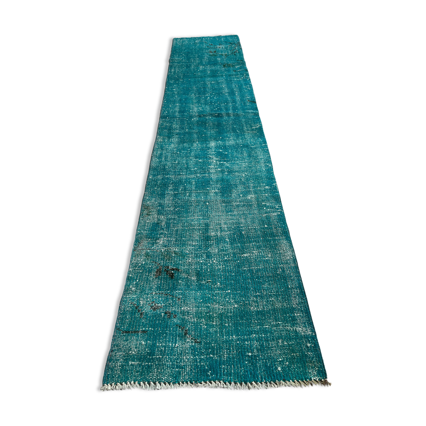 Distressed Turkish Narrow Runner 304 x 76 cm Wool Vintage rug, Overdyed Turquoise