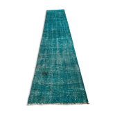 Distressed Turkish Narrow Runner 304 x 76 cm Wool Vintage rug, Overdyed Turquoise