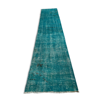 Distressed Turkish Narrow Runner 304 x 76 cm Wool Vintage rug, Overdyed Turquoise
