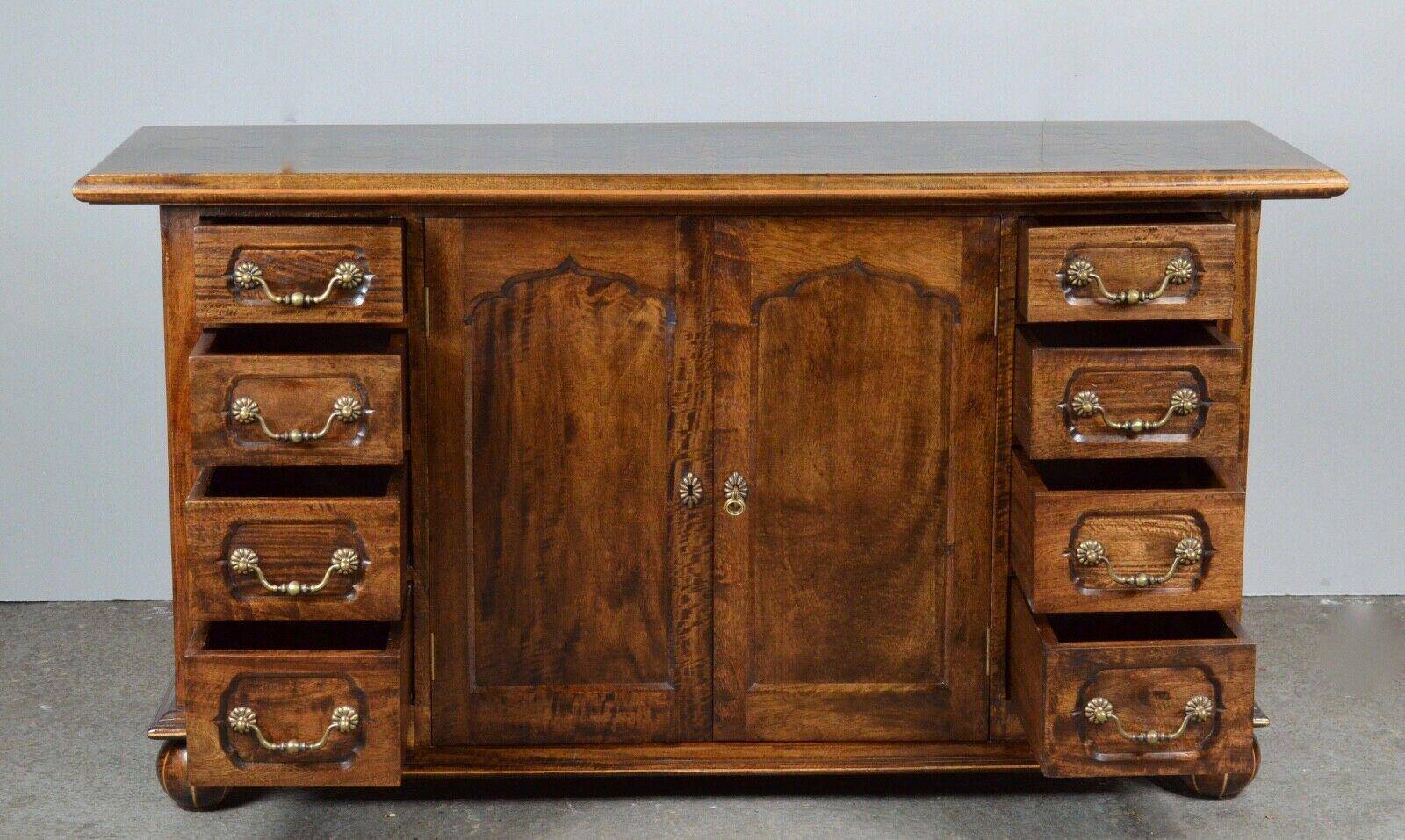 Rustic walnut sideboard with inlaid parquetry, vintage quality.
