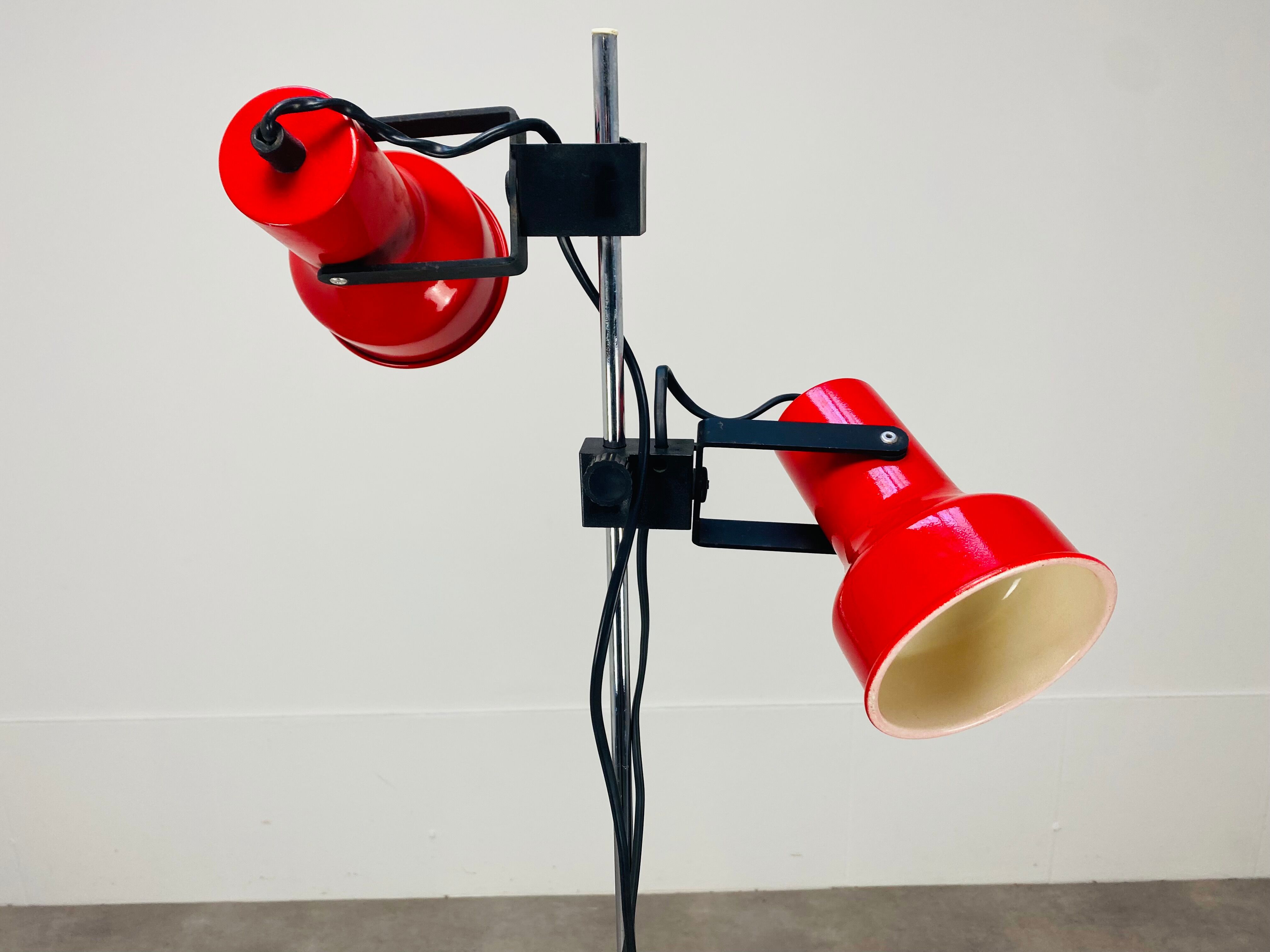 Floor lamp 2 spots red chrome stem SCE 1970