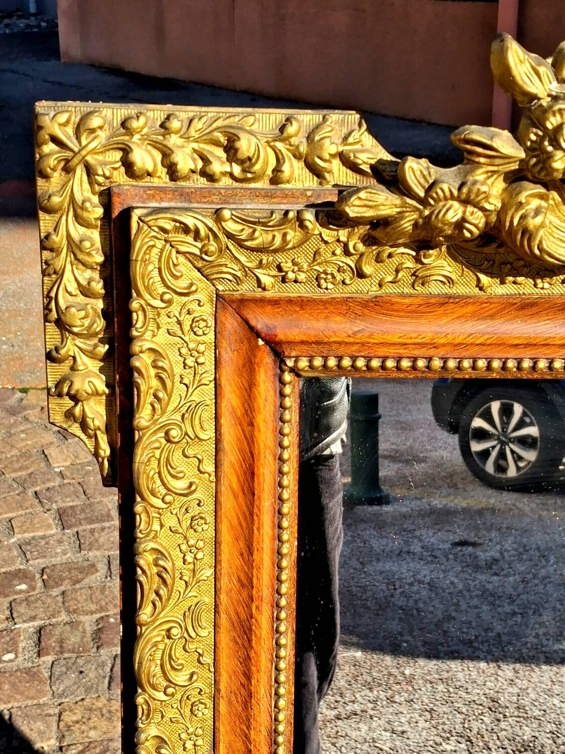 Authentic original Italian fireplace mirror, frame and pediment.