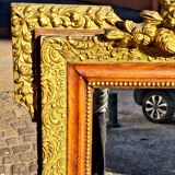 Authentic original Italian fireplace mirror, frame and pediment.