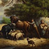 Large Rococo painting with gilded wooden frame, Belgium ca. 1900