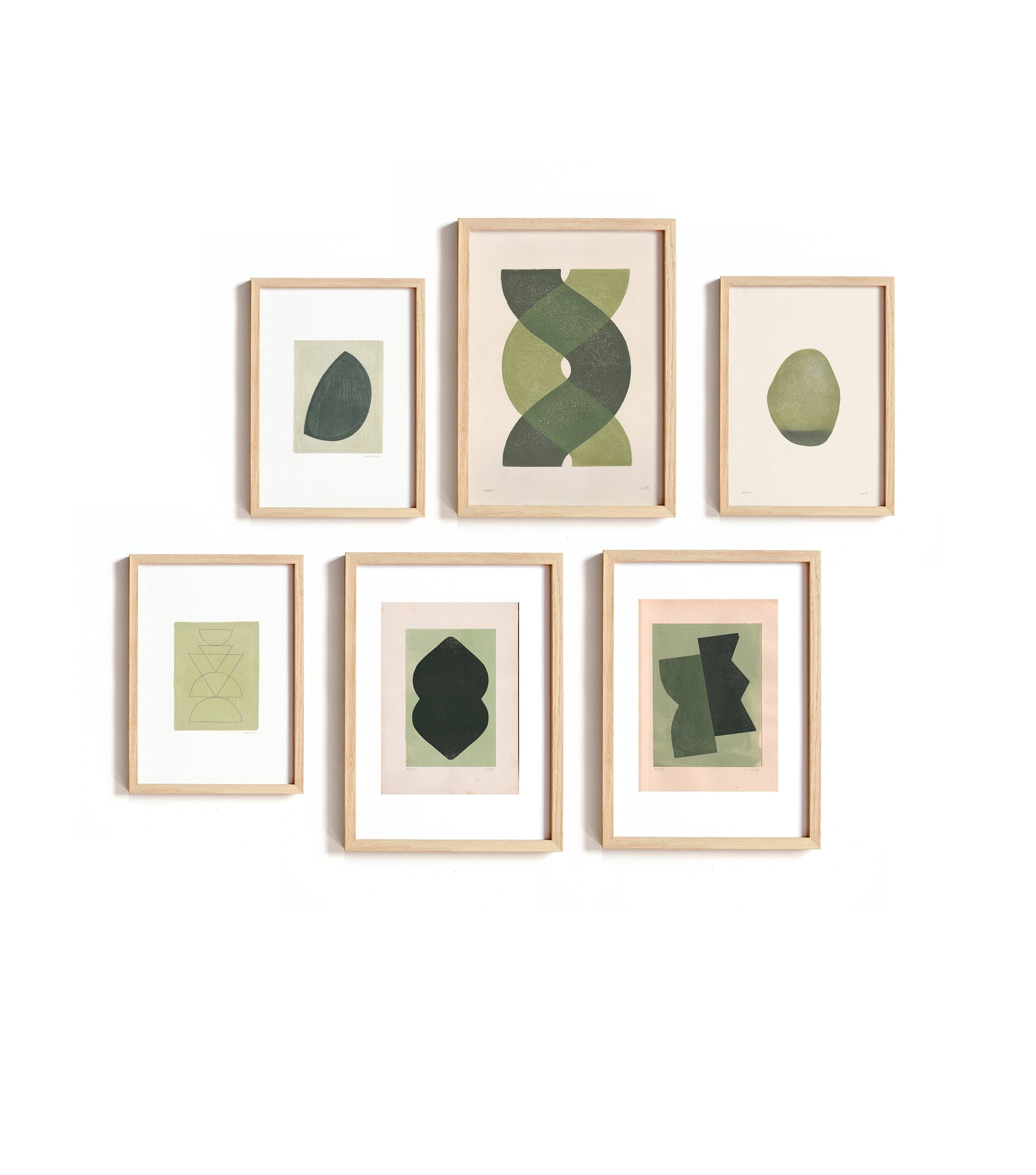 Collection of 6 abstract paintings on sage green paper, signed Eawy