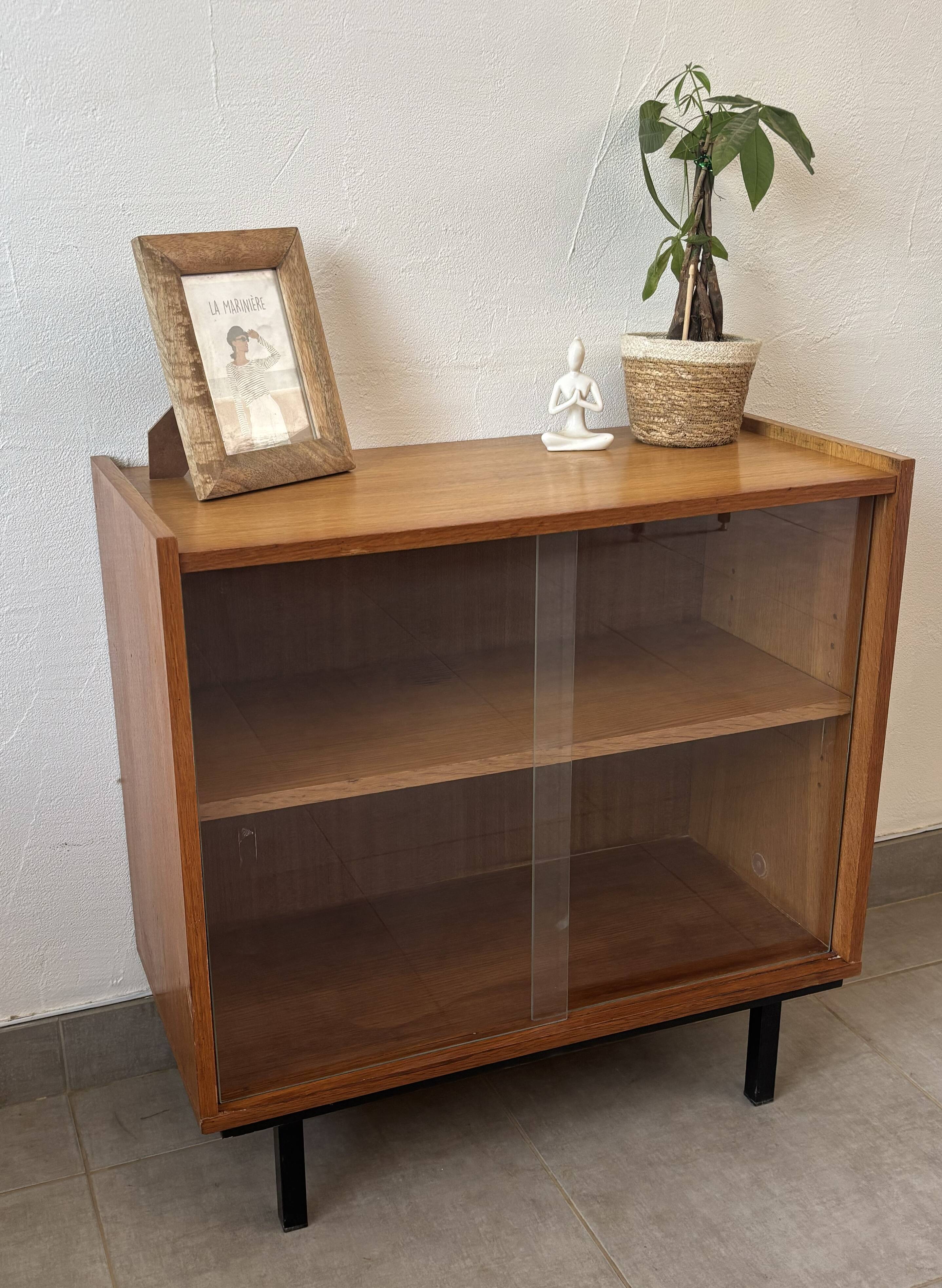 Vintage oak display cabinet from the 1960s.