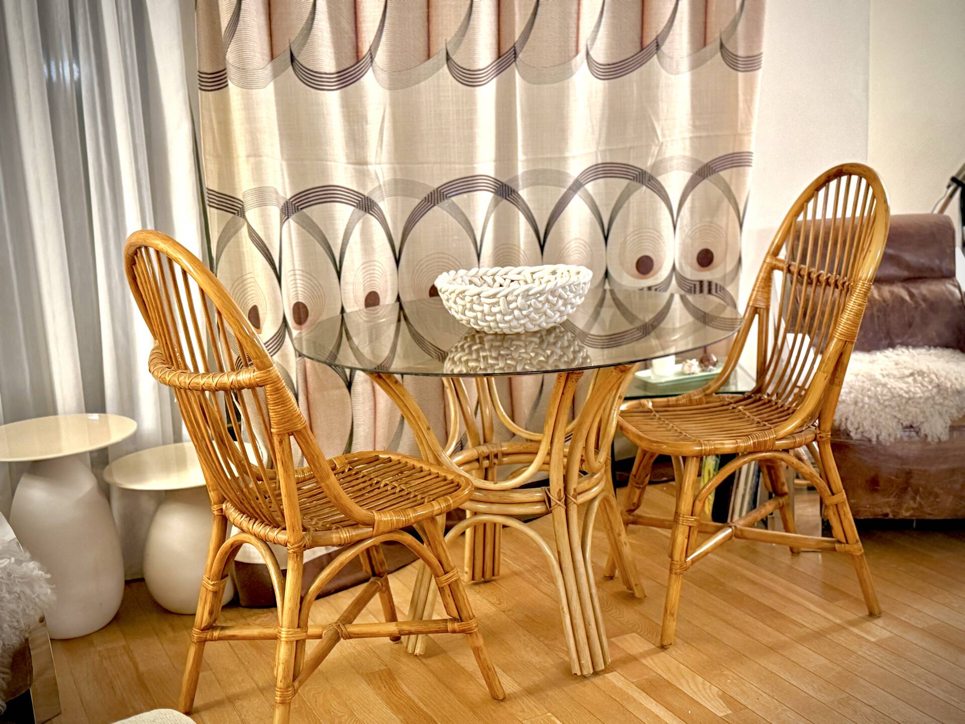 Smoked glass rattan table + chairs