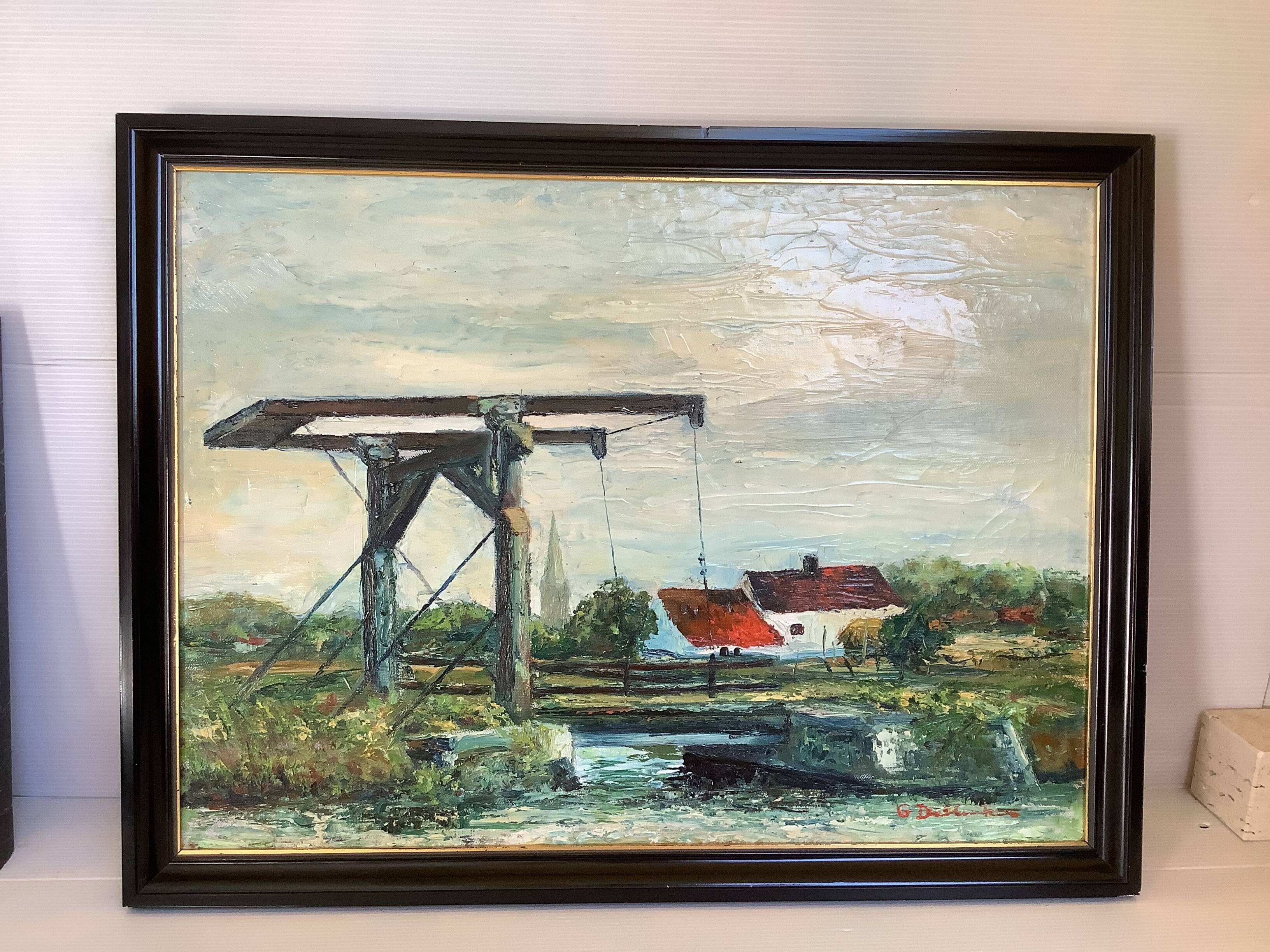 Canal landscape painting oil on panel signed