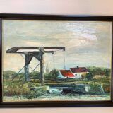 Canal landscape painting oil on panel signed