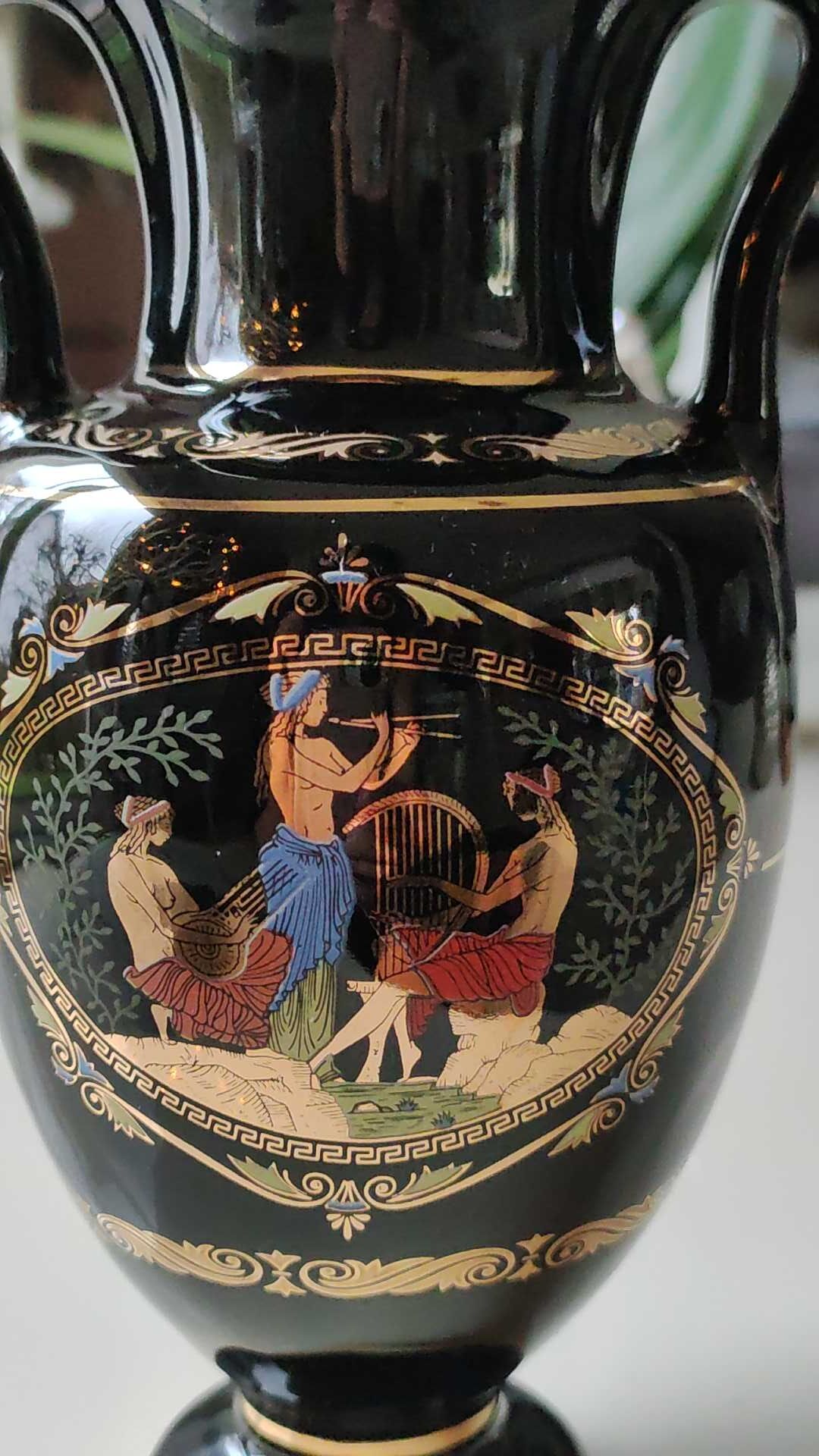 Vase Ancient Greek Amphora stamped. Motifs scenes of life from Greek mythology. Gold inlays