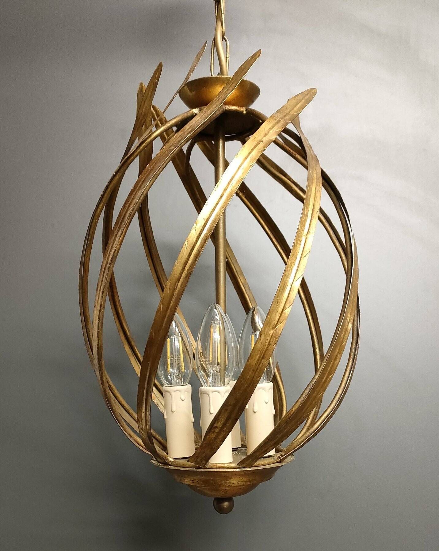 Large Italian Foliage Cage Chandelier - 1960s Art Crafts - Gold Metal