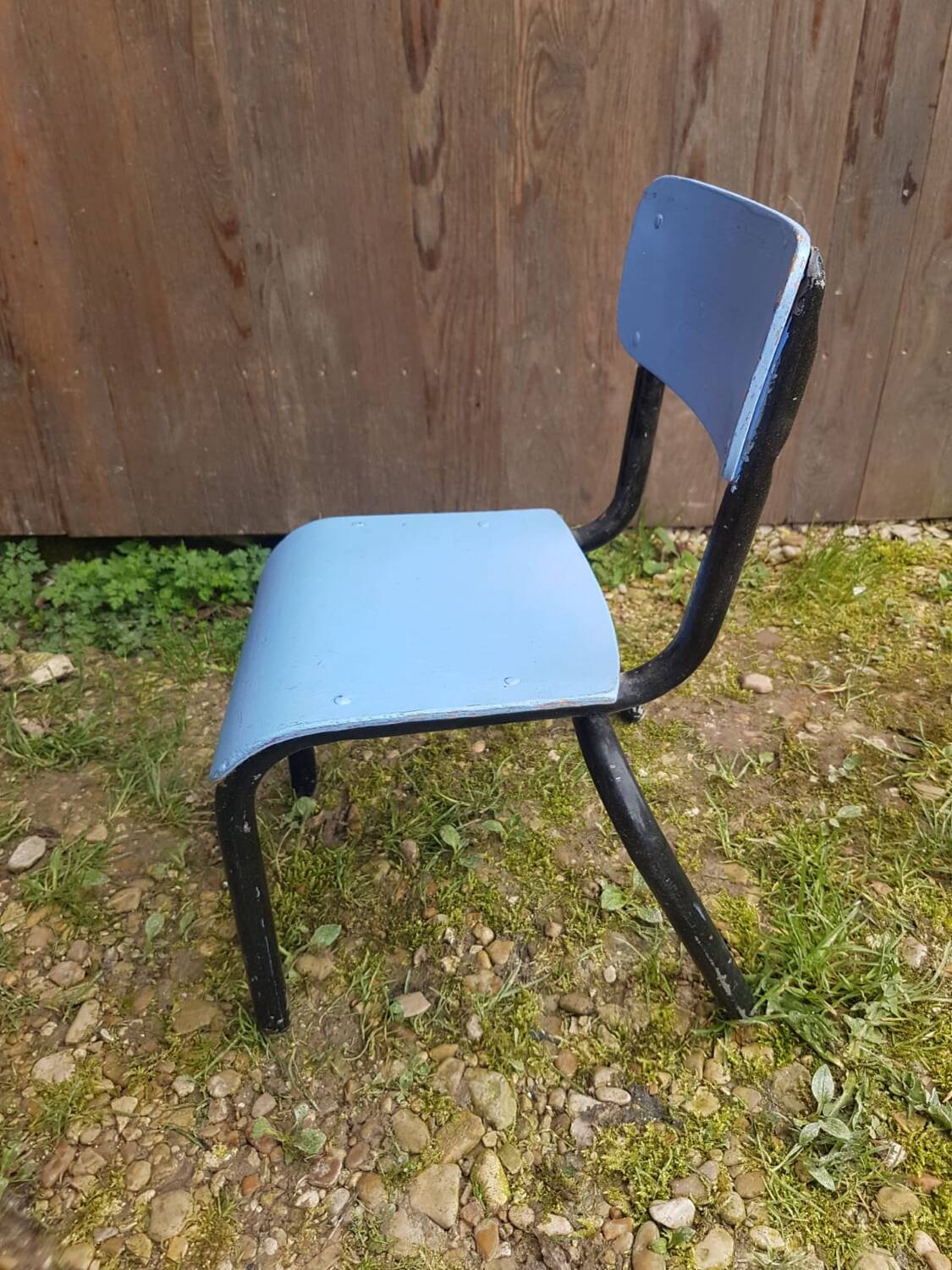 Mullca style children's chair black metal tube + vintage wood seat & back #a663