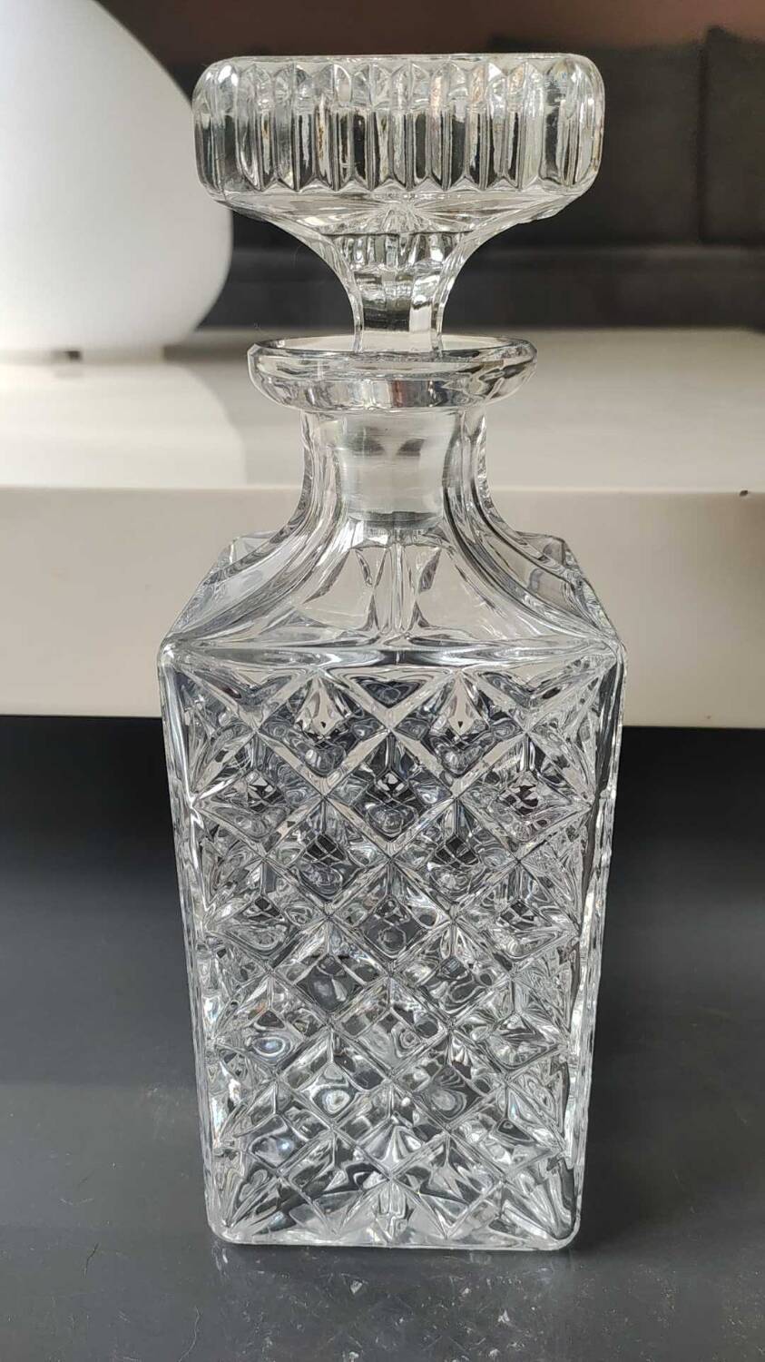 Whiskey decanter in bohemian crystal. boho-chic style. cross/diamond patterns. floral decor. high 25.5 cm