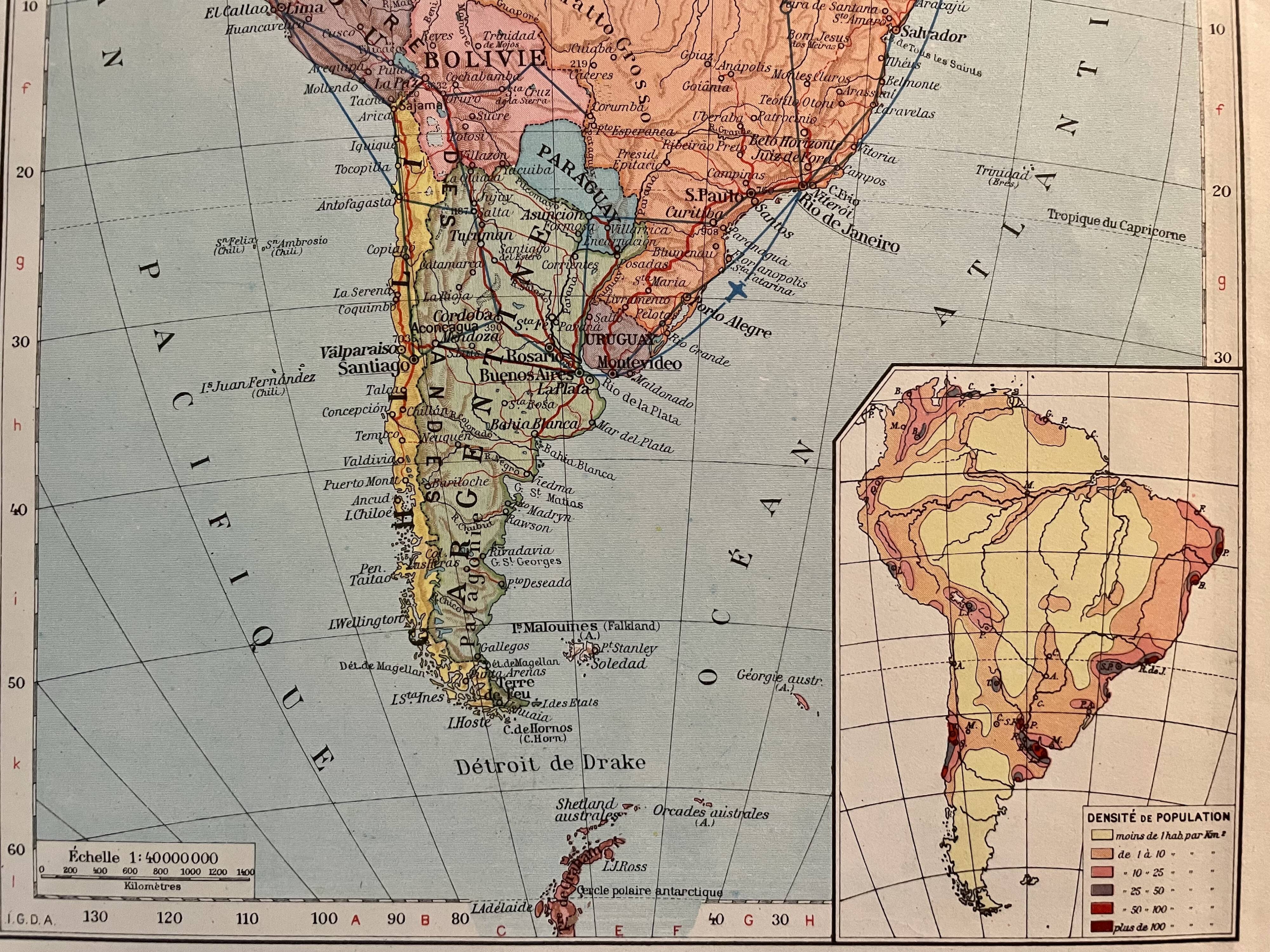 Old map of South America (political) from 1945