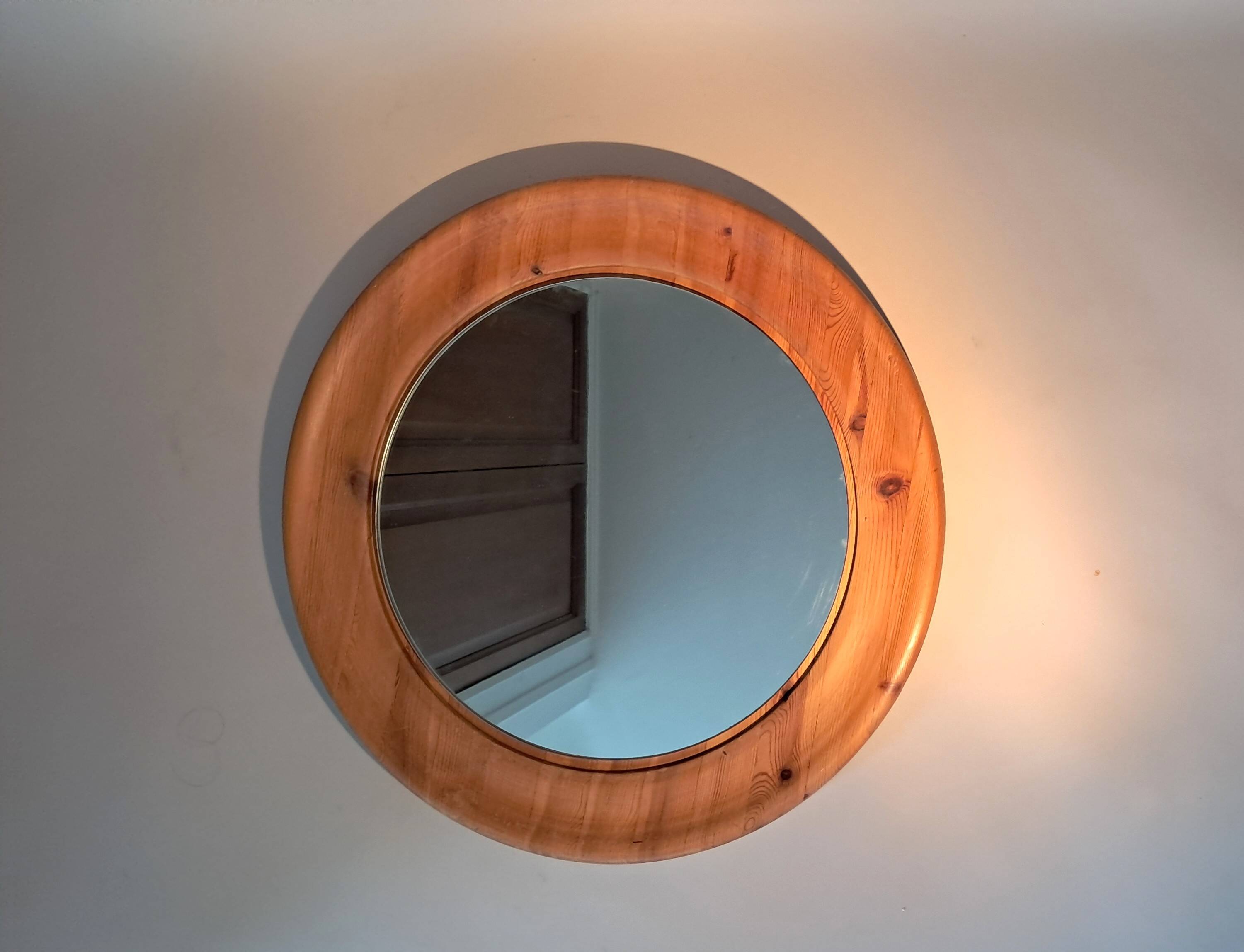 Miroir rond en pin massif de suède 1960/70 Vintage.