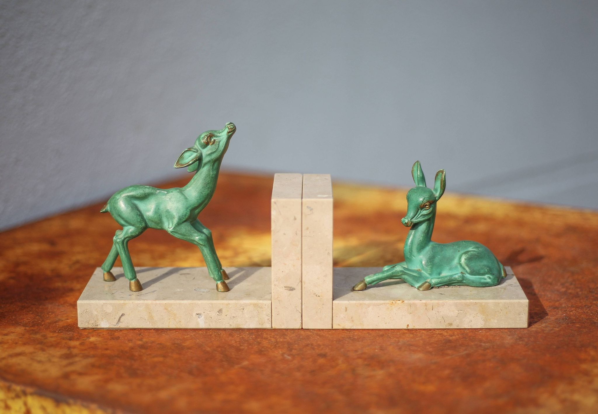 Marble and green patina metal bookends, vintage style bookends, animals, paperweight
