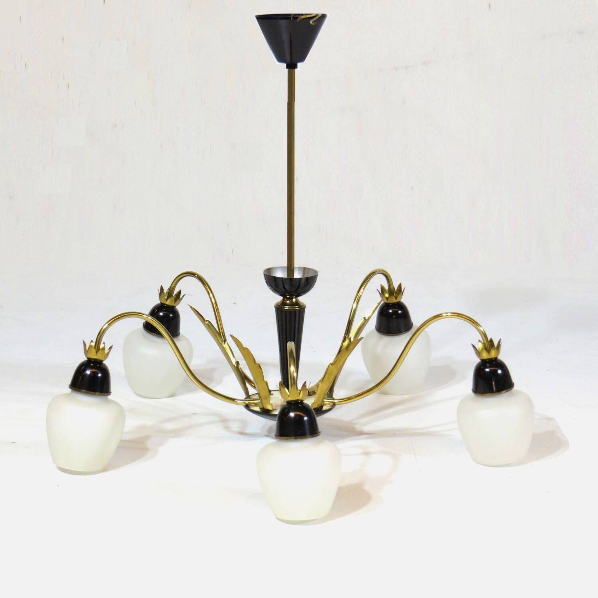 Vintage mid century chandelier in brass and opaline glass, 1960s