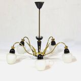 Lustre vintage du milieu du siècle en laiton et verre opalin, années 1960