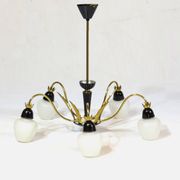 Vintage mid century chandelier in brass and opaline glass, 1960s