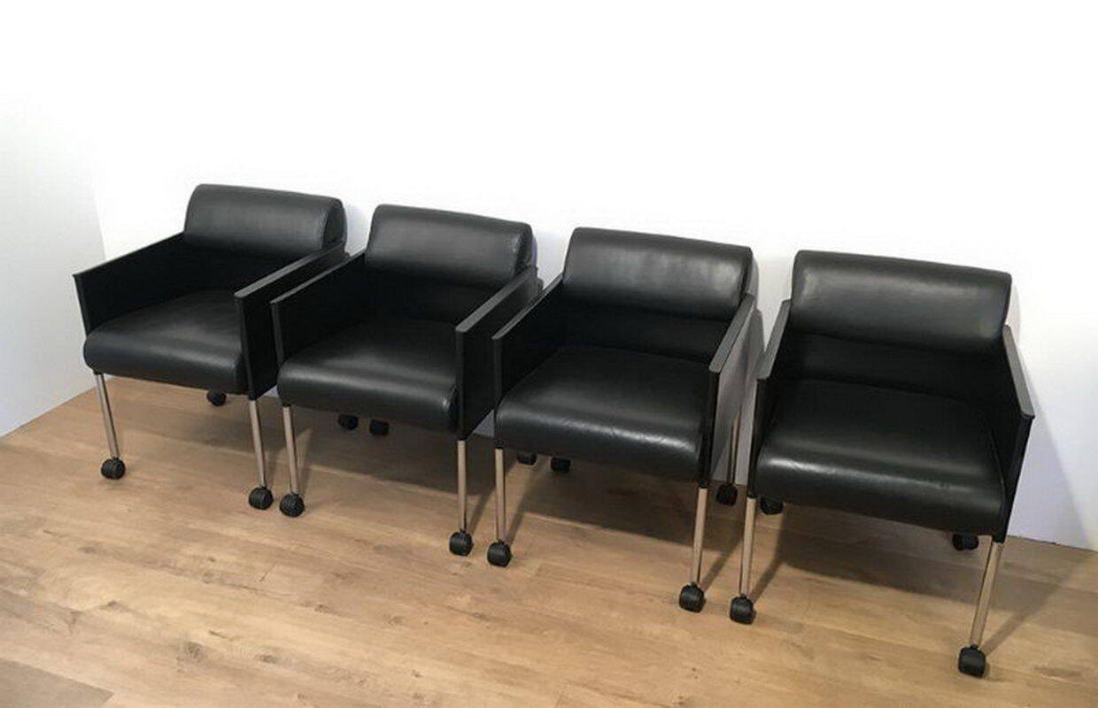 Set of 4 armchairs in leather and black lacquered metal. Rosenthal