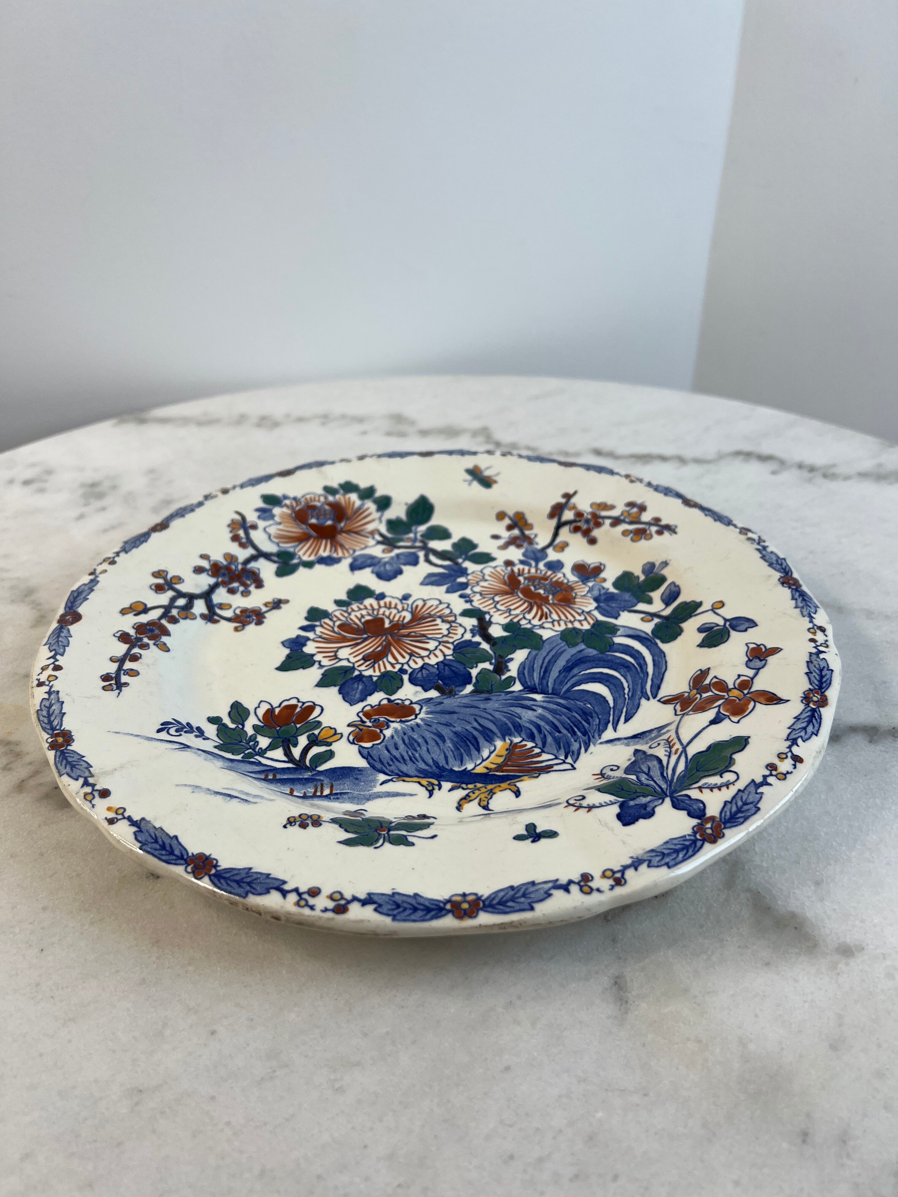 Antique plate in Gien earthenware — model “Rooster with Peonies”