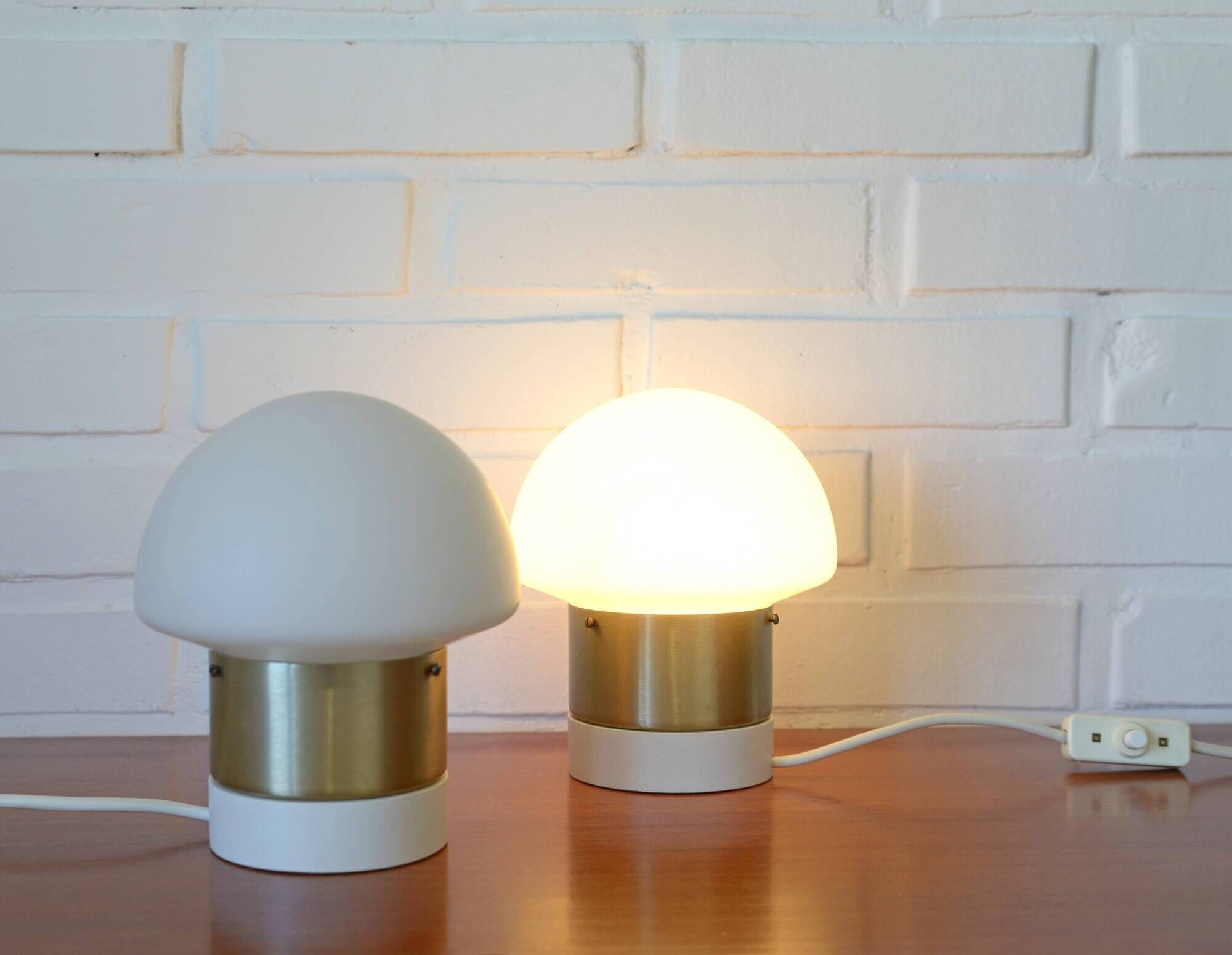 Pair of Mid Century Modern Bedside Lights Mushroom Milk Glass Lamps