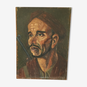 Portrait oil on wood man with the gun