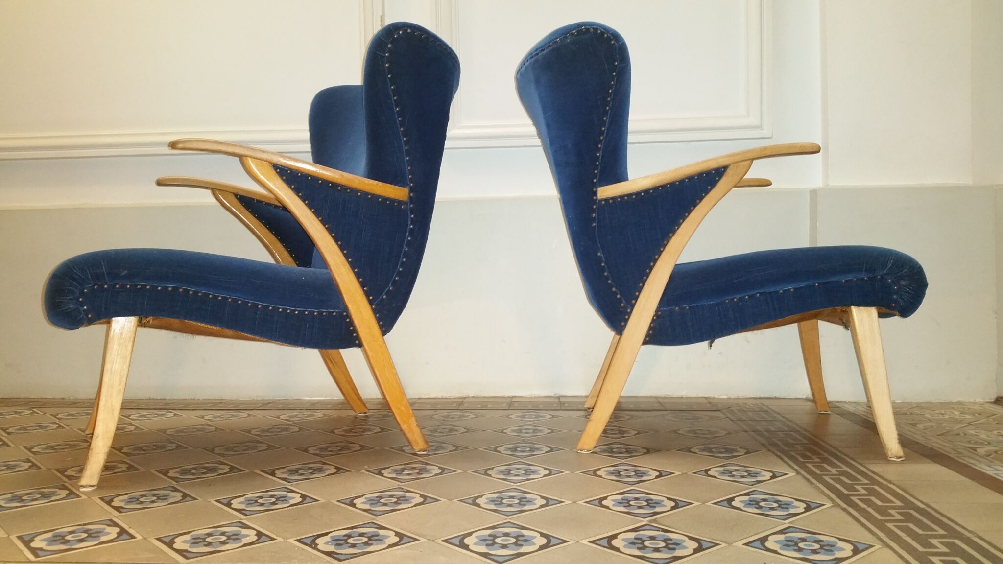 Pair of chairs Scandinavian wing stripes cocktail years 50 Blue
