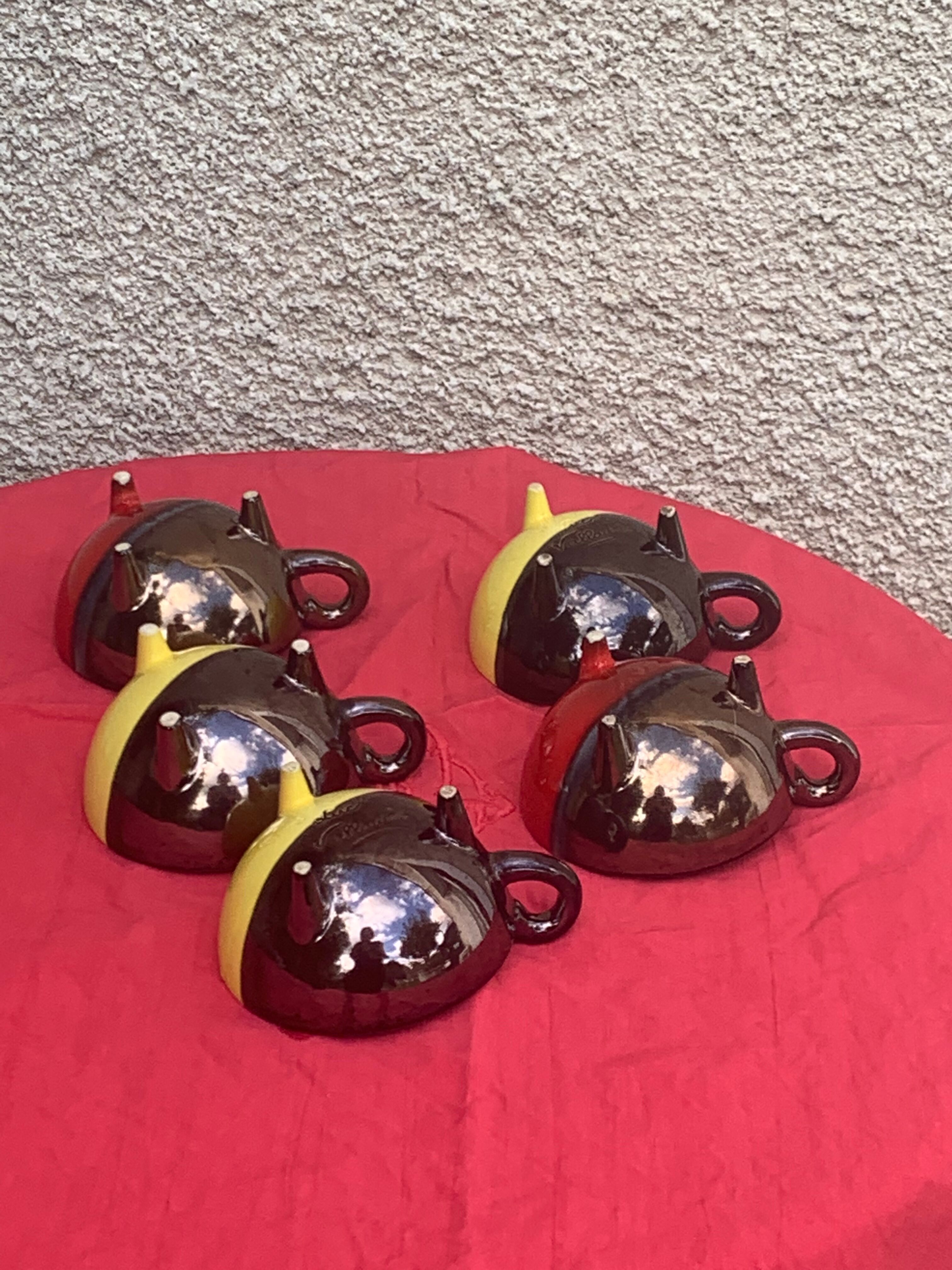 5 cups and 5 saucers signed Luc vallauris vintage