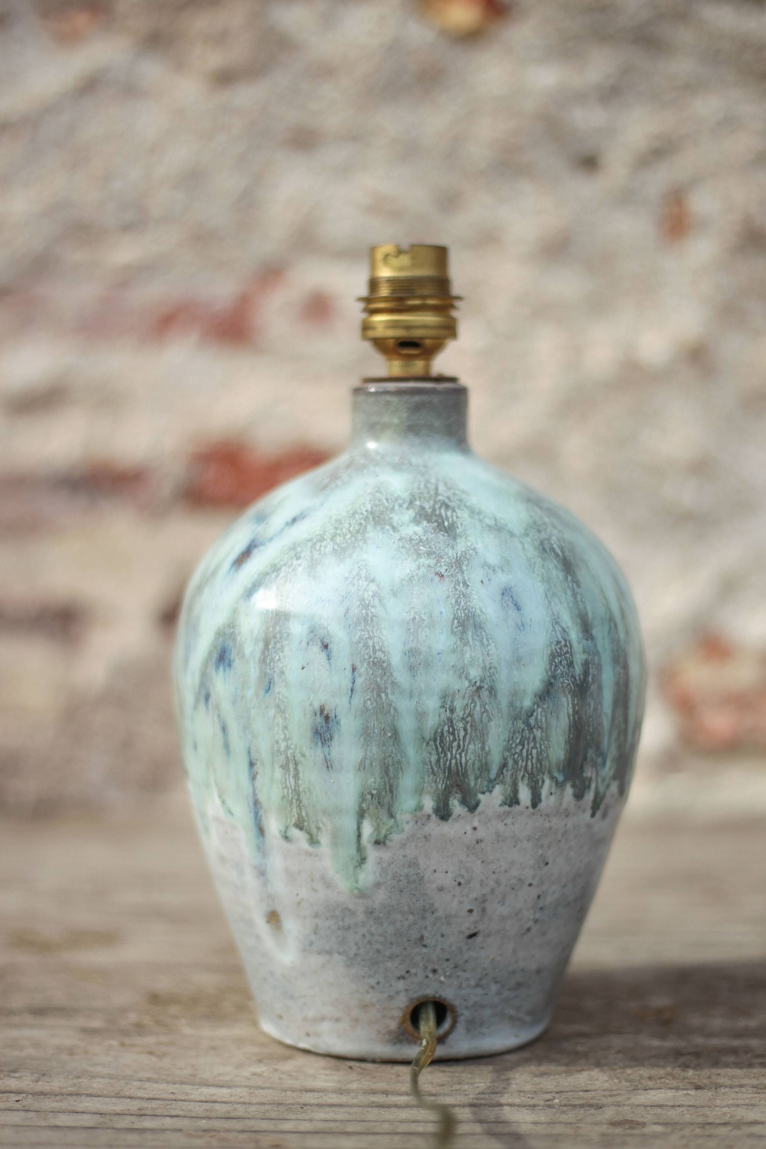 Vintage blue/grey glazed stoneware lamp, round lamp base, lamp stand.
