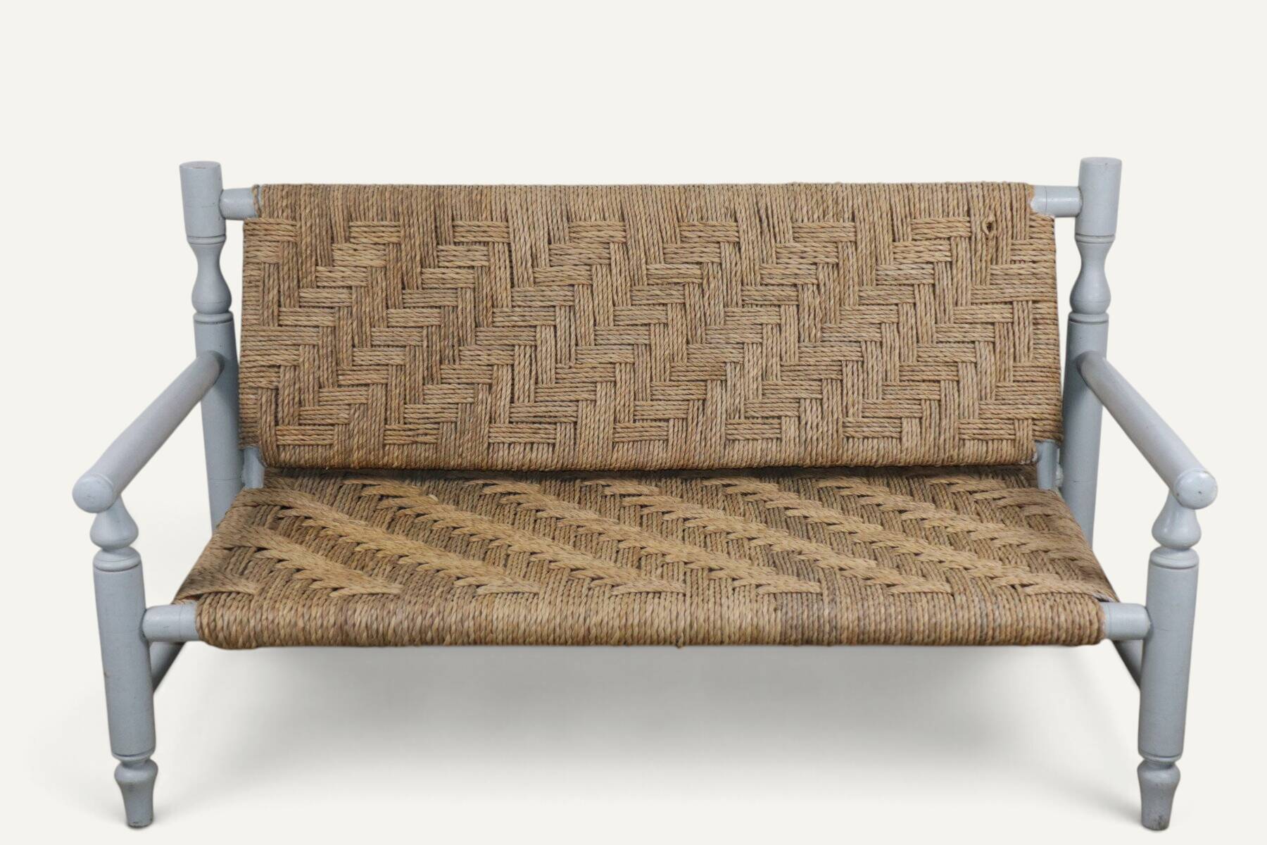 Vintage bench in braided rope and painted wood, 1950s-60s.