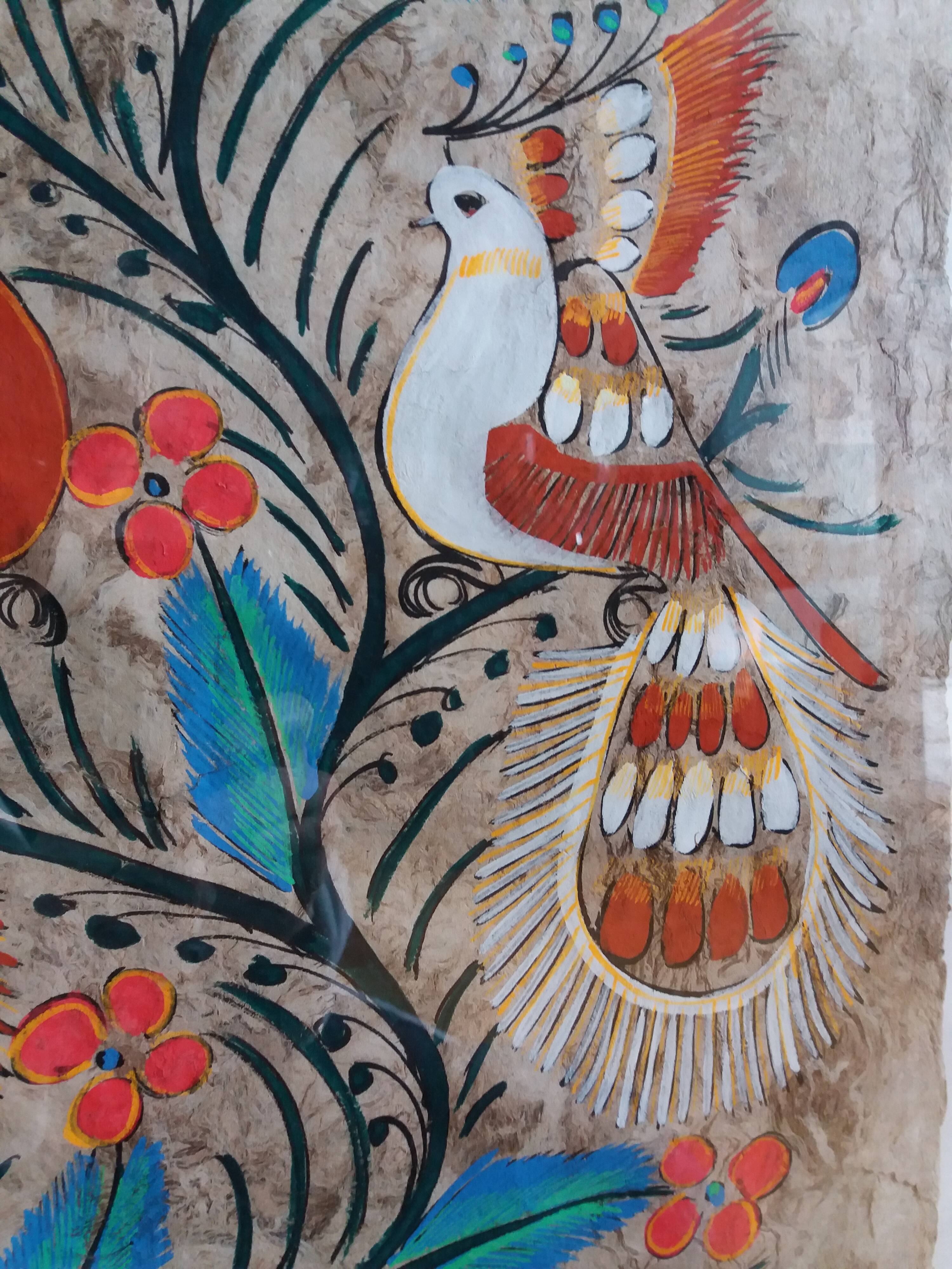 Painting on amate from Mexico, birds and flowers, framed