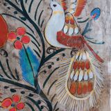 Painting on amate from Mexico, birds and flowers, framed