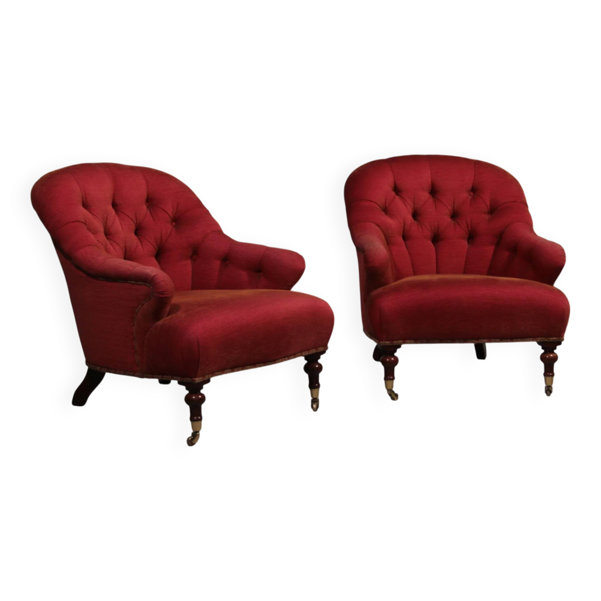 Pair of French red fabric button back armchairs