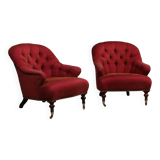 Pair of French red fabric button back armchairs