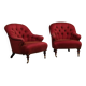 Pair of French red fabric button back armchairs