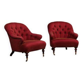 Pair of French red fabric button back armchairs