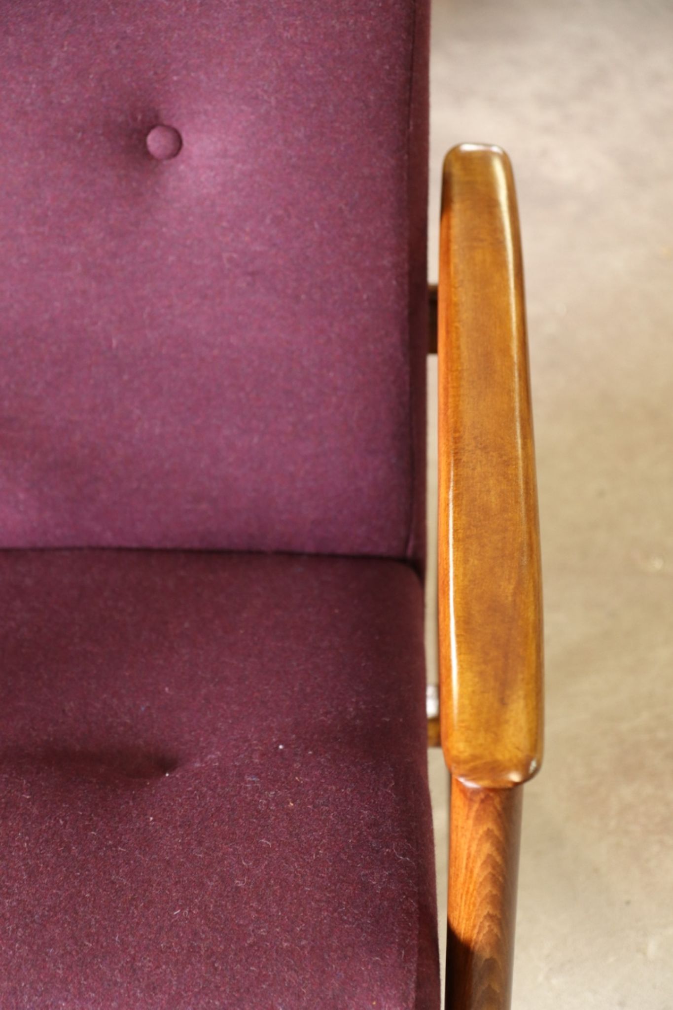 Oryginał wood armchair design by E. Homa 142 aubergine wool vintage chair modern