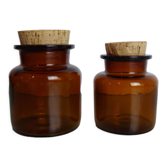 Duo of amber glass jars