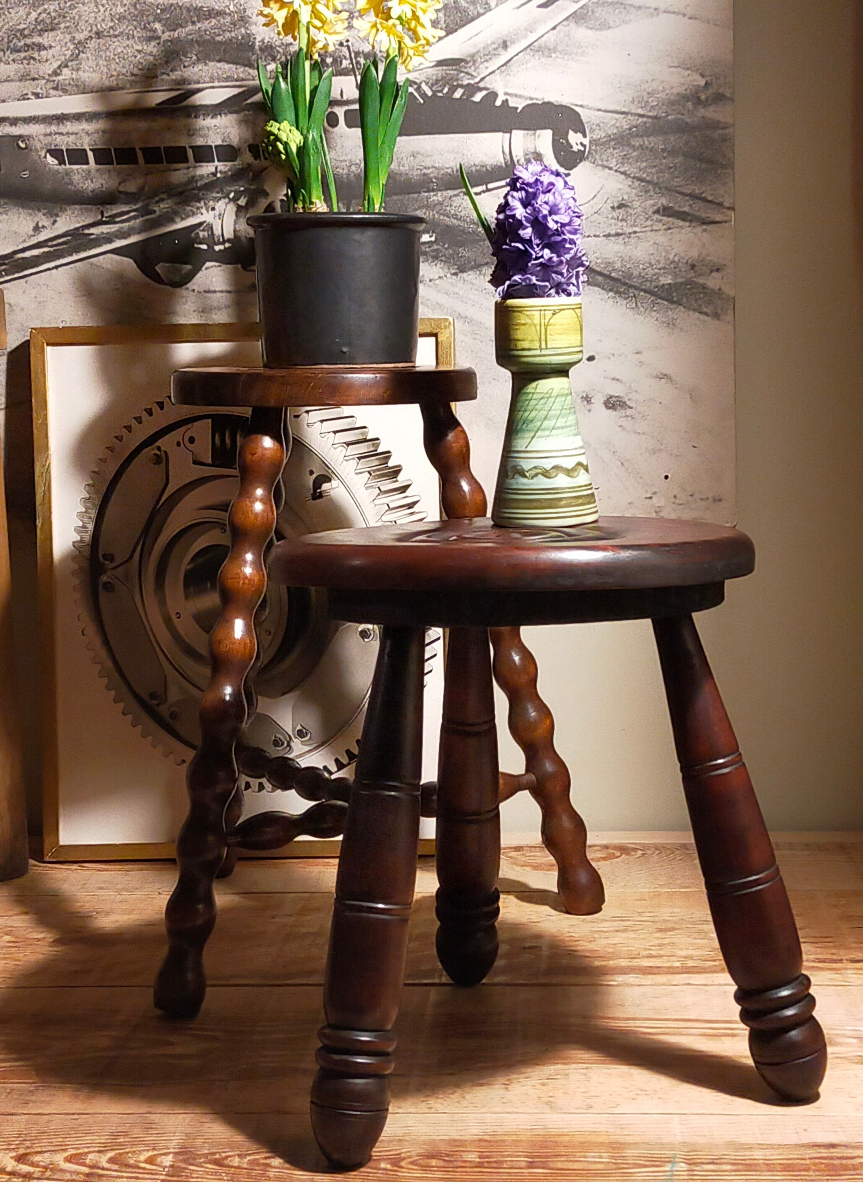 Tripod stool solid wood turned vintage