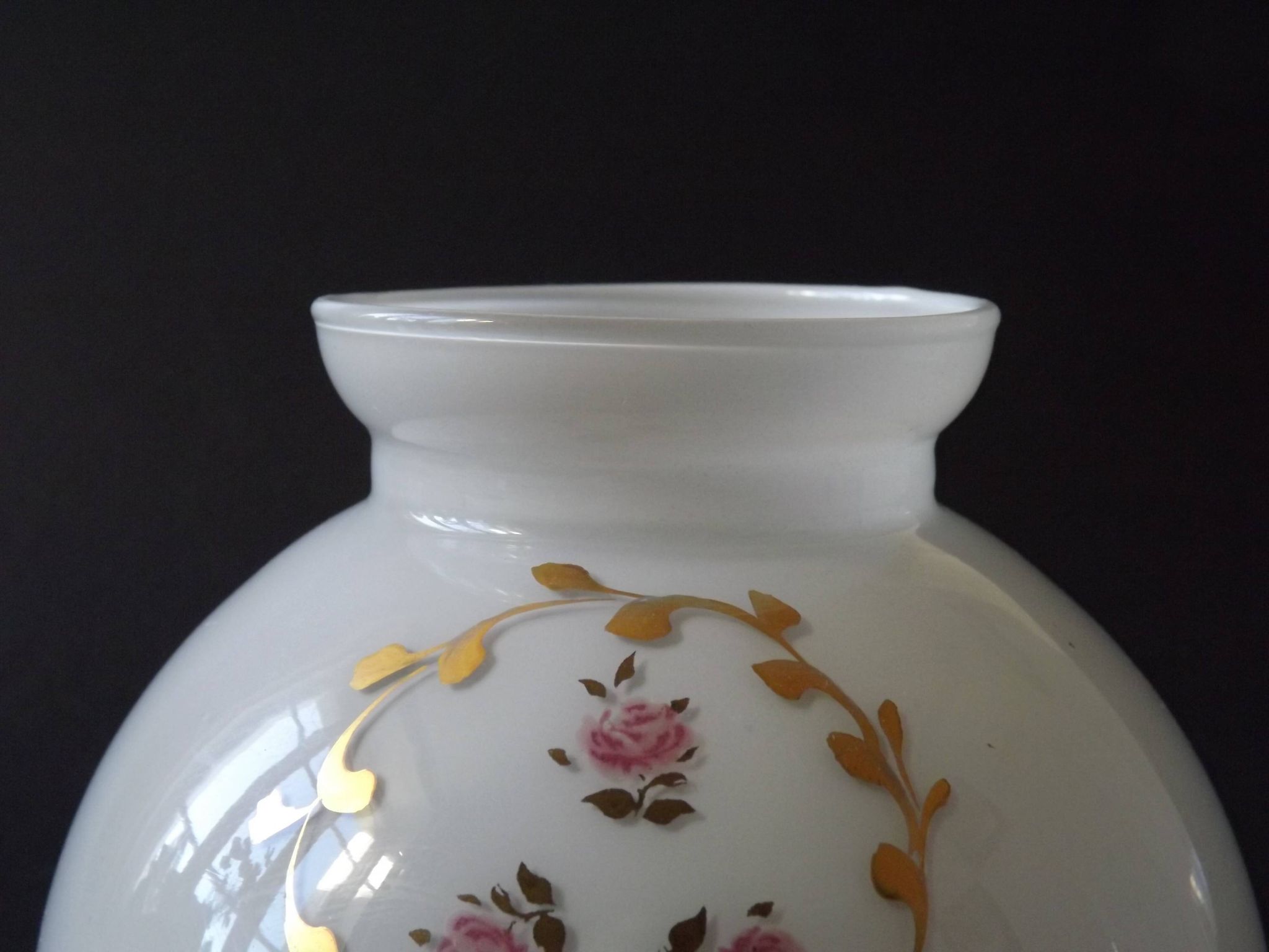 Pair of Vintage White Milk Glass Lamp Shades With Pink Roses & Gold Foliage