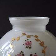 Pair of Vintage White Milk Glass Lamp Shades With Pink Roses & Gold Foliage
