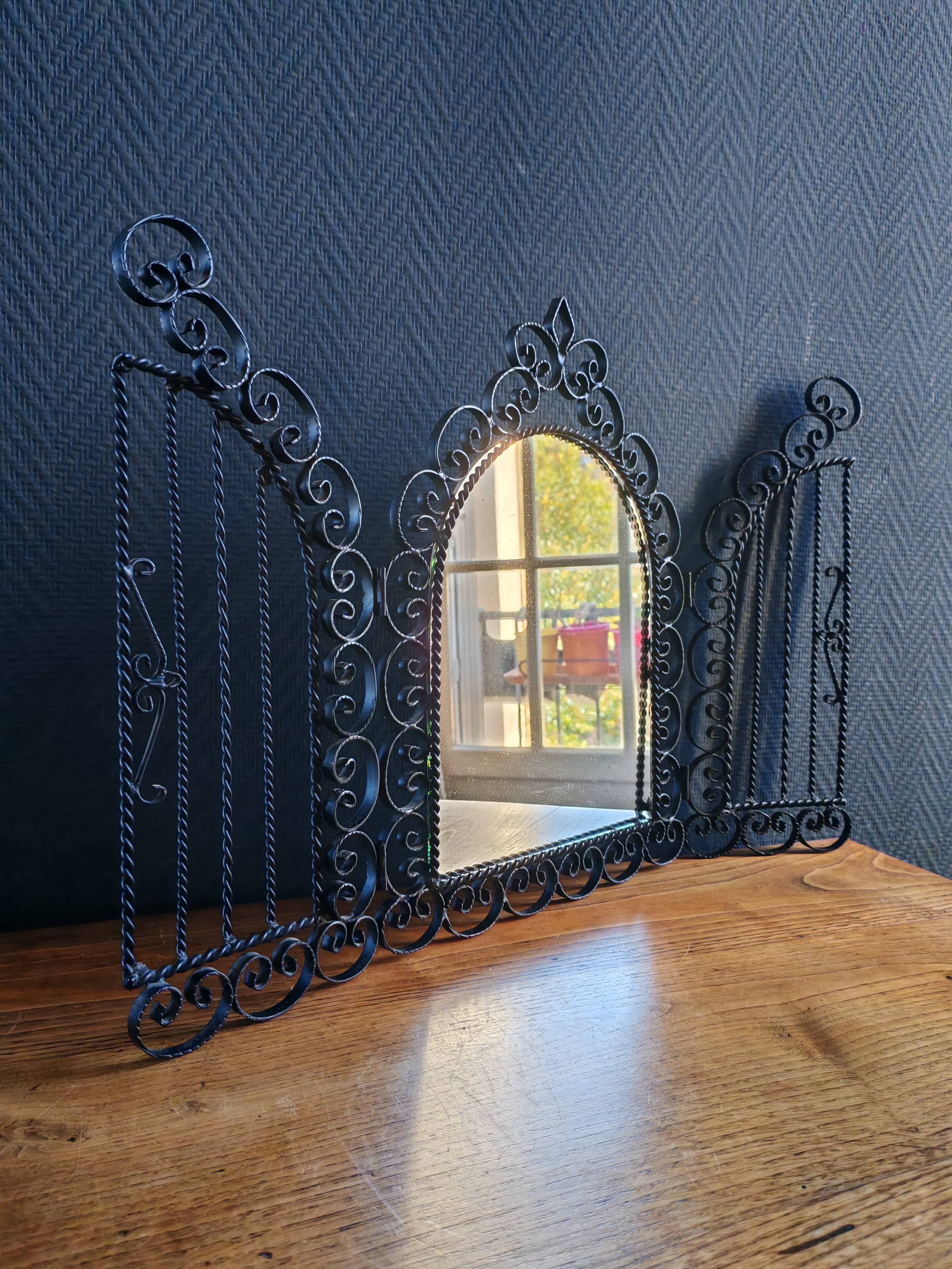 Vintage Black Wrought Iron Triptych Mirror