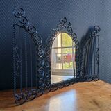 Vintage Black Wrought Iron Triptych Mirror