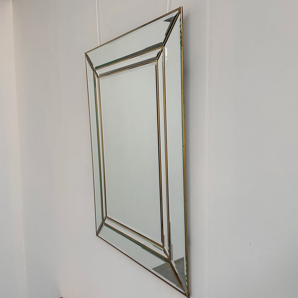 Vintage brass beveled wall mirror, large Hollywood Regency mirror, Mid-Century Modern