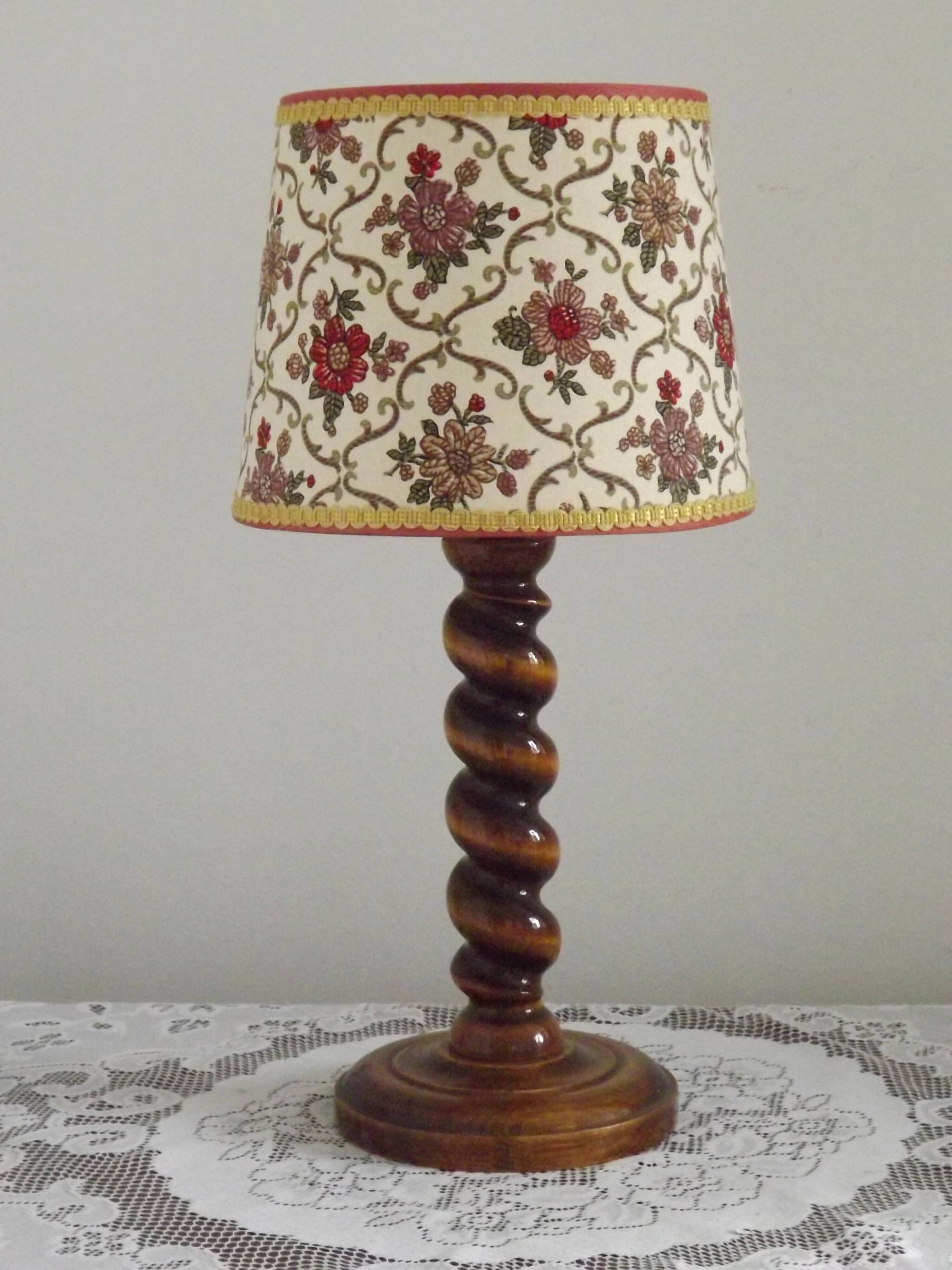 French Vintage Round Wooden Barley Twist Table Lamp With Floral Shade