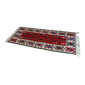 Handmade carpet 137 x 64 cm Ethnic décor Red background Mid-twentieth