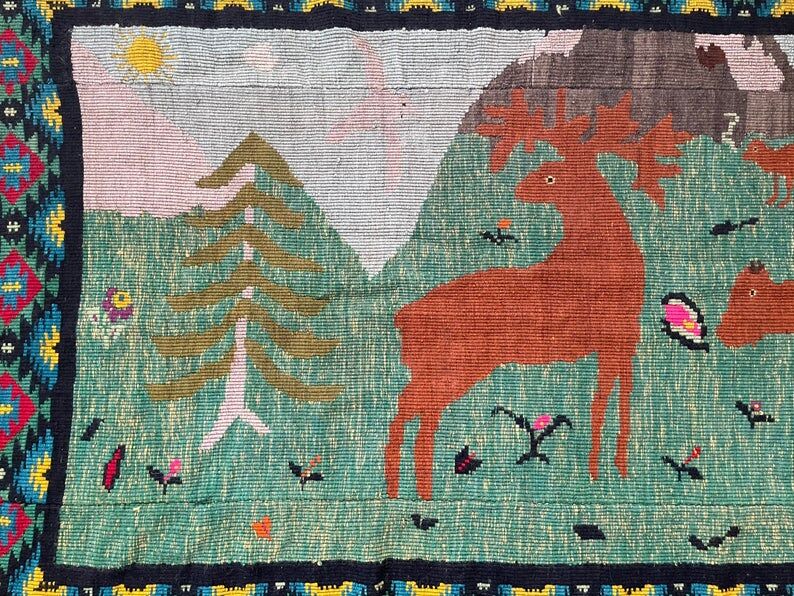Romanian vintage rug with deers, nature scenery